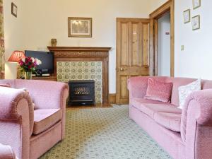 クーム・マーティンにあるHarbour Apartment - FHHのリビングルーム(ピンクのソファ2台、暖炉付)