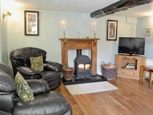 a living room with a couch and a fireplace at Sherrifs Lodge - Hw7730 in Myddfai