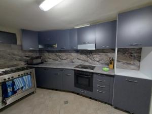 a kitchen with gray cabinets and a stove top oven at Sharkov Guest House in Dolen