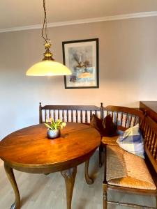 un comedor con una mesa de madera y una lámpara en Monteurwohnung en Emstek