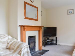 a living room with a fireplace and a television at Little Blagdon Bungalow in North Tamerton