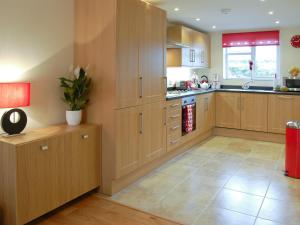 a kitchen with wooden cabinets and a potted plant at Owls Park in Saint Endellion