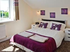 a bedroom with a large bed with purple pillows at Owls Park in Saint Endellion