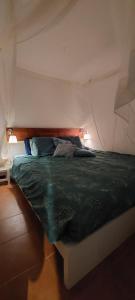 a bedroom with a bed with a green comforter at Vale de Garcia in Colos