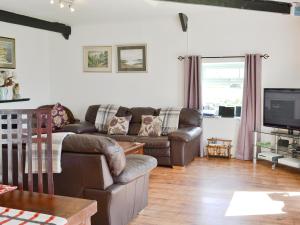 a living room with a couch and a tv at Glendale Cottage in Haltwhistle