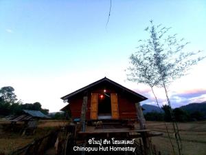 une petite maison dans un champ avec le ciel dans l'établissement Chinopuu Hut Homestay Muangkong ชิโนปู ฮัท โฮมสเตย์ เมืองคอง เชียงดาว, à Mueang Khong