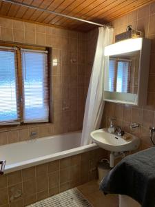 uma casa de banho com um lavatório, uma banheira e um espelho. em La Cure de Vernamiège em Vernamiège
