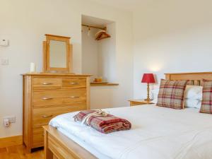 a bedroom with a bed with a dresser and a mirror at Stable-uk12108 in Woolfardisworthy