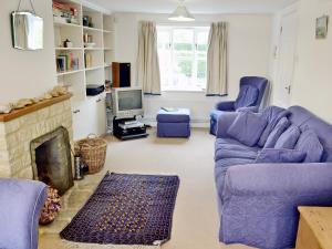 a living room with a blue couch and a tv at Meadow Cottage-e1793 in Broadwindsor