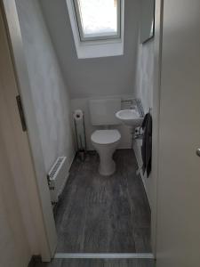 a small bathroom with a toilet and a sink at Ferienwohnung Stuppi in Martinshöhe