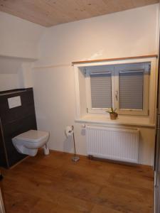 a bathroom with a toilet and a window at Ferienwohnung Schindewolf in Grebenstein