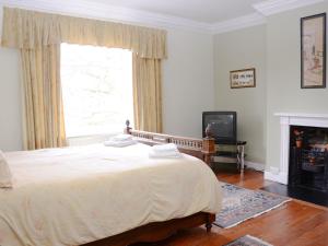 a bedroom with a bed and a window and a television at Abbotts Farm in Horbling