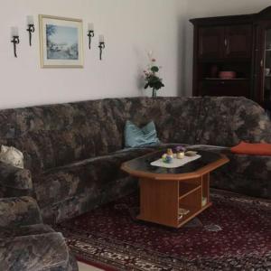 a living room with a couch and a coffee table at Ferienhaus Emmelie in Senzig