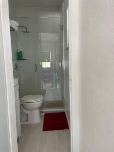 y baño con aseo y ducha con alfombra roja. en Comfortable modern apartment- central location. en Miami