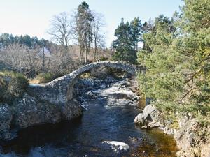 un puente de piedra sobre un río en un bosque en Rowan Cottage en Carrbridge
