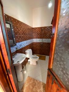 a small bathroom with a toilet and a sink at jardin du desert in Mhamid
