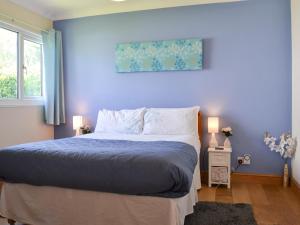 1 dormitorio con 1 cama grande y paredes azules en Treyarnon en St Merryn