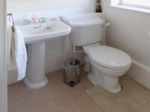 a bathroom with a white toilet and a sink at Avalon in Grainthorpe