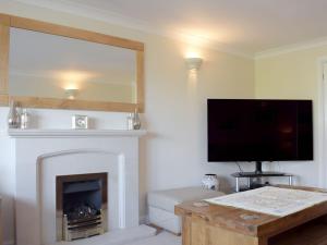 a living room with a fireplace and a flat screen tv at Meadow View in Harley