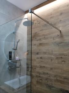 y baño con ducha y pared de madera. en Apartament Zielone Wzgórze 2, en Jelenia Góra