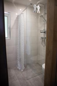 W łazience znajduje się prysznic ze szklanymi drzwiami. w obiekcie Domek Pierwiosnek Ustroń w Ustroniu