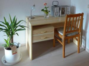 a wooden desk with a chair and a potted plant at An-Hog-Barg-1 in Godern +9 photos