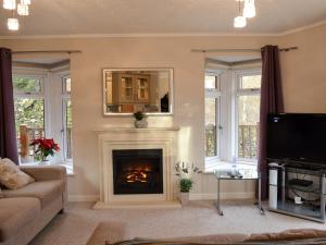a living room with a fireplace and a tv at Ransome Lodge in High Nibthwaite