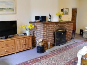a living room with a fireplace and a television at Dill Hundred Cottage in Warbleton