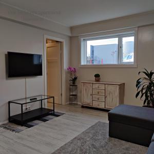 a living room with a flat screen tv on a wall at Apartments Reykjavik in Reykjavík