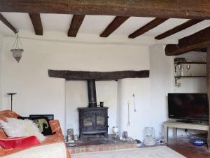 sala de estar con chimenea y TV en The Hideaway Cottage, en Gloucester