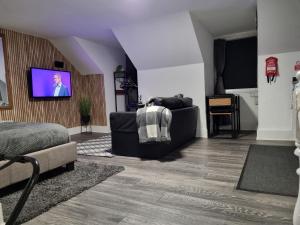 Quantock Loft Studio 3 في روتشستر: غرفة معيشة مع أريكة وتلفزيون