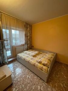 Un dormitorio con una cama en una habitación con ventana. en Garsoniera Lotus Băile Felix, en Băile Felix