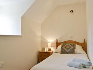 a bedroom with a bed and a lamp on a table at Ty Rhyd in Llanrhaeadr-ym-Mochnant