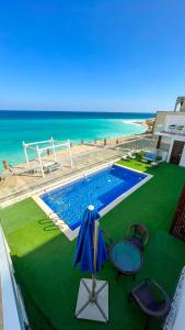 蘇爾的住宿－Wadi Shab Beach Villa，一个带椅子和遮阳伞的游泳池以及大海