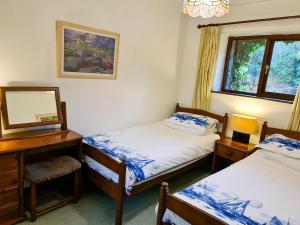 Zimmer mit 2 Betten, einem Schreibtisch und einem Spiegel in der Unterkunft Oakleigh Cottage in Llangelynin