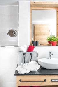 a bathroom with a sink and a mirror at Chalet-Ferienwohnung Giebeltraum, 115 qm, Wellness/Fitness/Sauna – Bergrödelhof in Feilitzsch