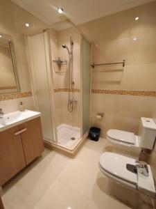 uma casa de banho com um chuveiro, um WC e um lavatório. em Casa Abeleira em Arzúa