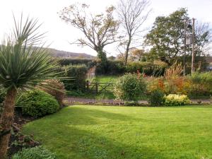 a garden with a green lawn and a fence at Orchard Well in Winscombe