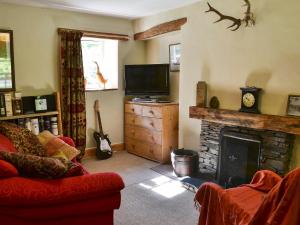 a living room with a fireplace and a tv at Old Mill Cottage in Acharra