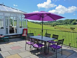a purple table with chairs and an umbrella on a patio at Grey Cottage in Pentraeth