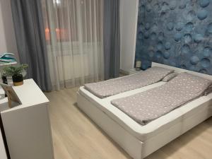 a bedroom with a bed with a blue wall at Confort Apartment in Mediaş