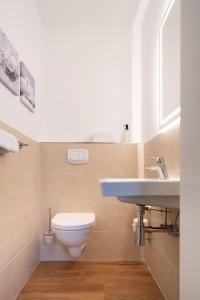 a bathroom with a toilet and a sink at Ferienhaus DHH SKILLEHUS in Tating
