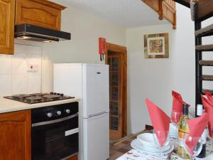 a kitchen with a stove and a white refrigerator at Ty Coch Cottage in Dihewid