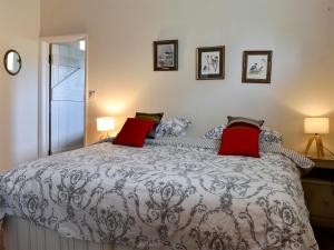 a bedroom with a large bed with red pillows at Evie Rose Cottage in Elsenham