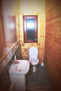 ein kleines Bad mit WC und Waschbecken in der Unterkunft Rozprávkový zrub in Dúbrava