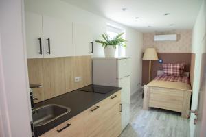 a small kitchen with a sink and a bed at Komfort Zone in Wolfsburg