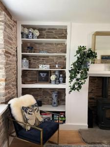 uma sala de estar com uma cadeira e uma estante de livros em Luxury Cottage near Hay-on-Wye em Llanigon