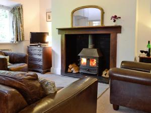 a living room with a fireplace and a couch at Dylasau Cottage in Capel Garmon