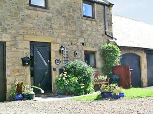 a stone house with a green door and some plants at Clutter Cottage in Widdrington