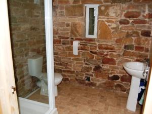 Baño con paredes de piedra, aseo y lavamanos en The Bird Bath, en Wreay